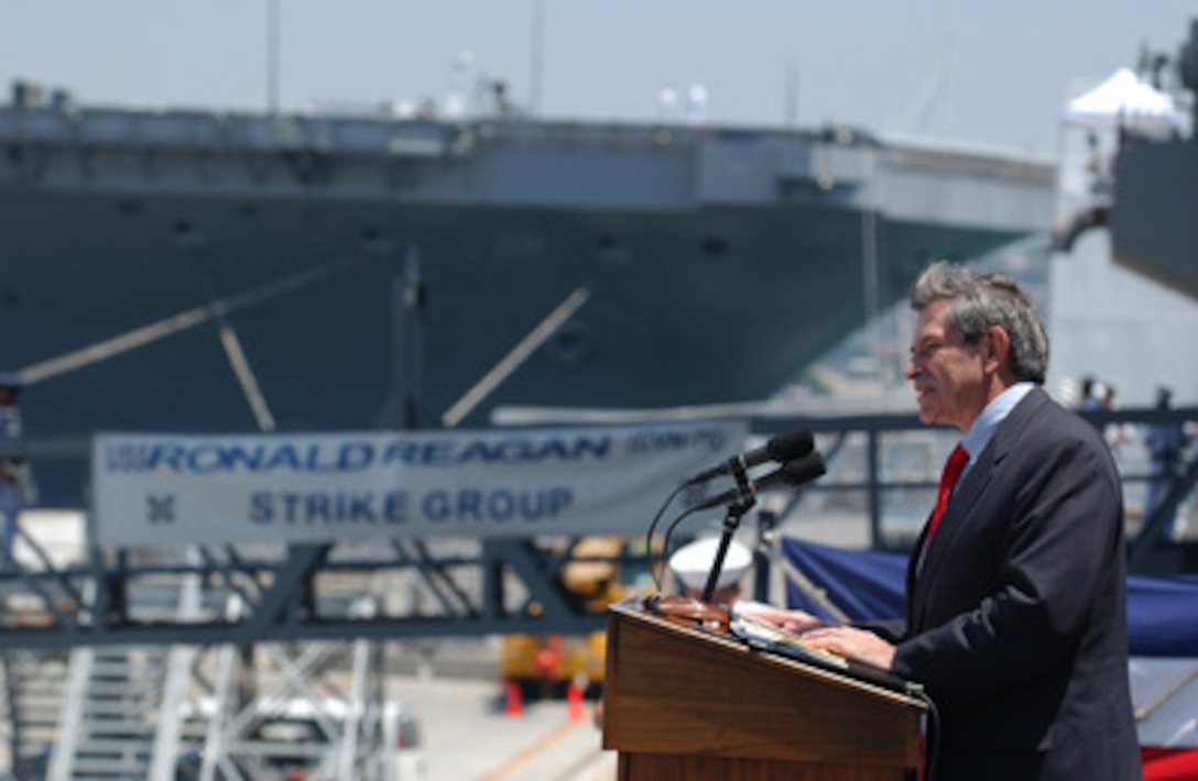 Deputy Secretary of Defense Paul Wolfowitz speaks to the audience at the homeport ceremony of the USS Ronald Reagan (CVN 76) on July 23, 2004. It is the first time the aircraft carrier has ported at Naval Air Station North Island in San Diego, Calif. 