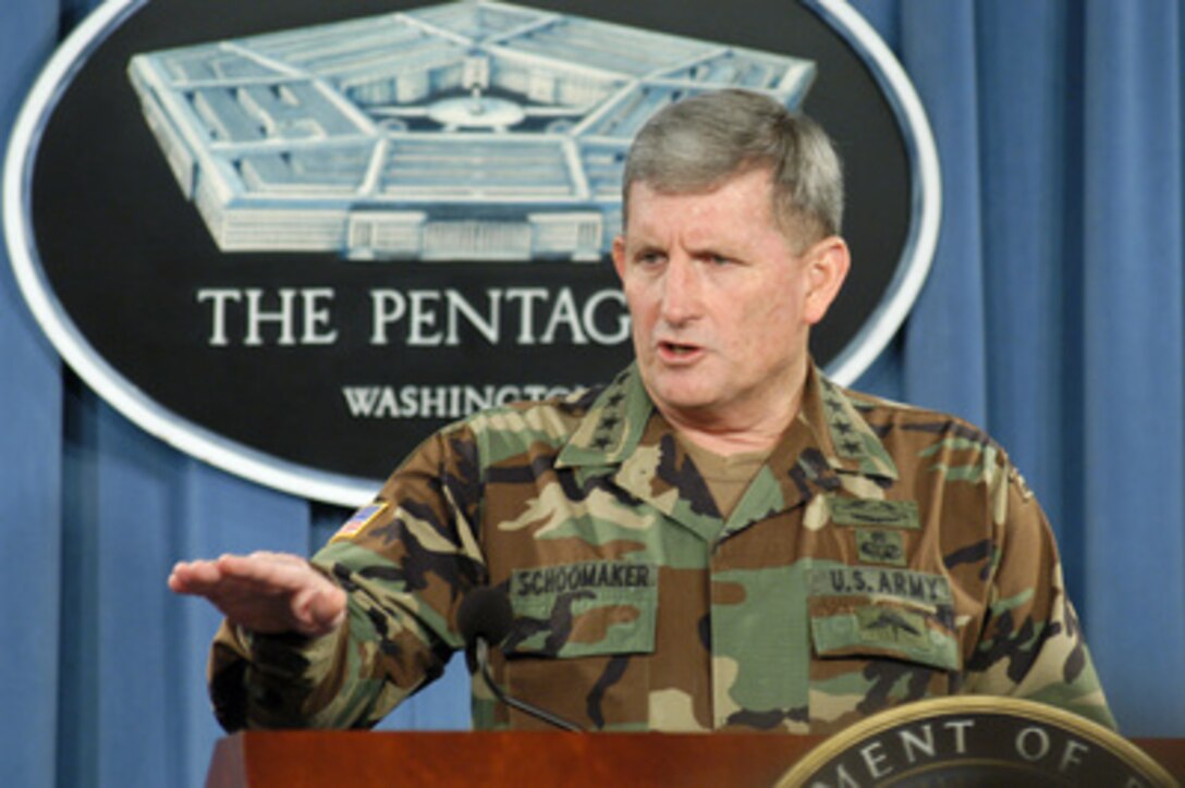 Army Chief of Staff Gen. Peter Schoomaker holds a Pentagon press briefing to talk to reporters on the state of the U.S. Army on July 26, 2004. Schoomaker was able to report high figures for recruiting and retention in both the regular Army and its reserve components. 