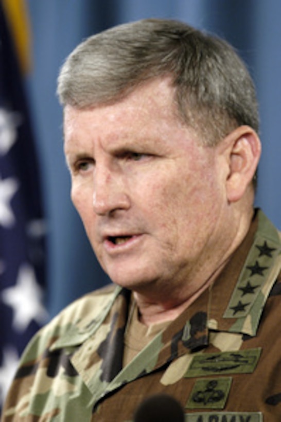 Chief of Staff of the U.S. Army Gen. Peter Schoomaker holds a press briefing to discuss the state of the Army in the Pentagon on July 26, 2004. Schoomaker was able to report that despite the hardships and casualties associated with the fighting in Afghanistan and Iraq Army recruiting and retention figures are very high. 