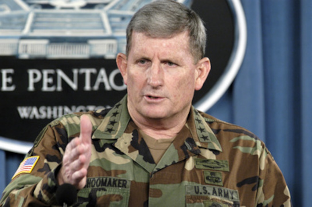 Army Chief of Staff Gen. Peter Schoomaker talks to news reporters at the Pentagon on July 26, 2004, on the current state of the U.S. Army. Schoomaker was able to report that recruiting figures are excellent as are the numbers for retention of trained and experienced soldiers from all ranks. Shoemaker attributes this to the fact that today's young people recognize the serious threat to the nation posed by terrorism and are willing to come forward in defense of our ideals. 