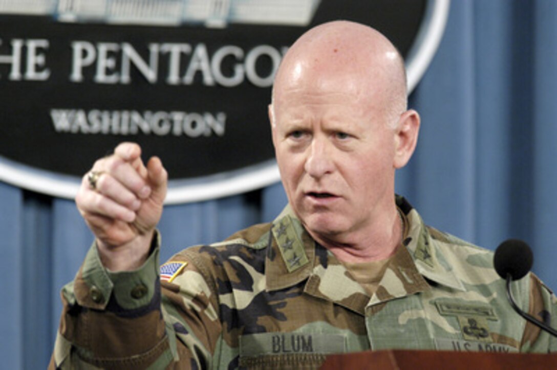 Chief of the National Guard Bureau Lt. Gen. Steven H. Blum talks about the current high level of National Guard enlistments during a Pentagon press conference on July 26, 2004. 