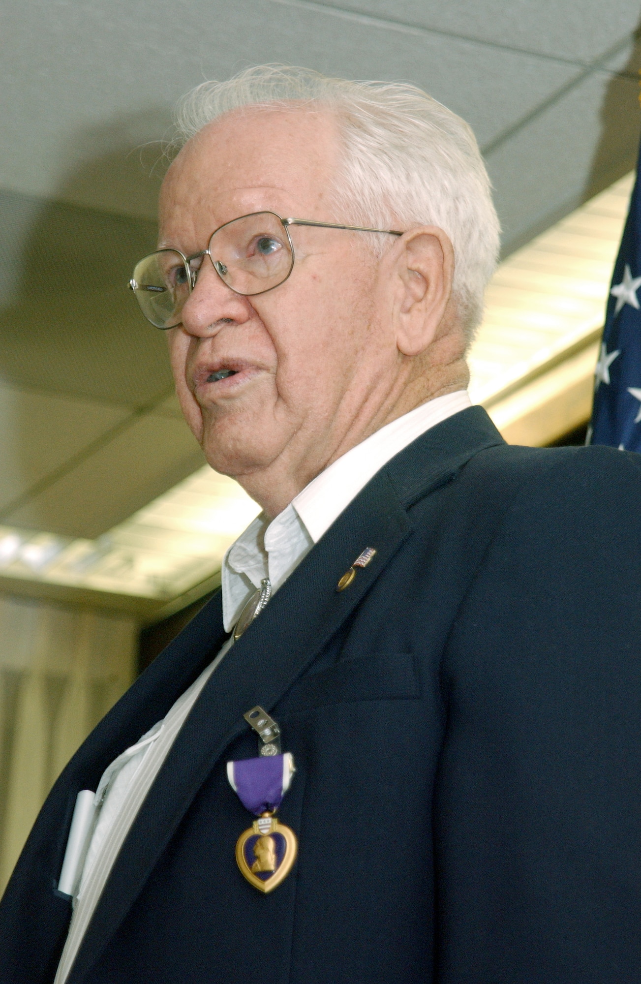 VANDENBERG AIR FORCE BASE, Calif. -- Retired Lt. Col. Wayne Ehlers wears the Purple Heart that was presented to him July 26 for being wounded in combat nearly 60 years ago while flying over his target in Germany during World War II.  (U.S. Air Force photo by: Airman 1st Class Bernice Suarez)   