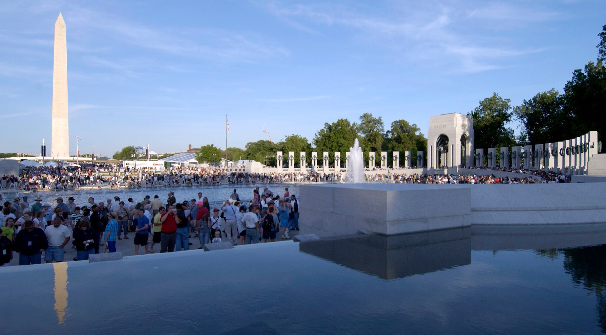 WASHINGTON -- The largest gathering of World War II veterans since 1945 assembled on the National Mall to witness the dedication of their long-awaited memorial May 29.  More than 100,000 people were on hand as President Bush officially accepted the National World War II Memorial on behalf of a grateful nation.  The 7.4-acre granite and bronze tribute took 17 years to complete.  (U.S. Air Force photo by Master Sgt. Jim Varhegyi)