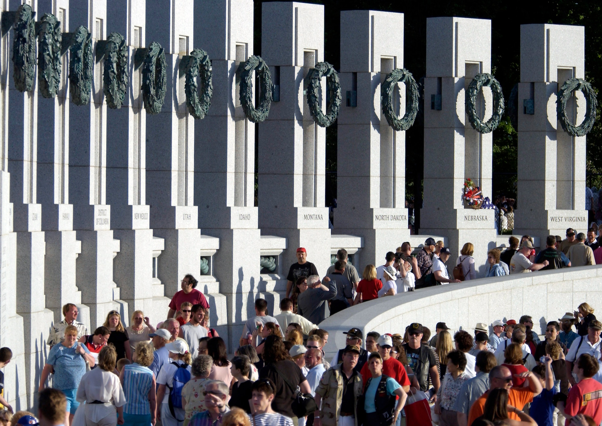 WASHINGTON -- The largest gathering of World War II veterans since 1945 assembled on the National Mall to witness the dedication of their long-awaited memorial May 29.  More than 100,000 people were on hand as President Bush officially accepted the National World War II Memorial on behalf of a grateful nation.  The 7.4-acre granite and bronze tribute took 17 years to complete.  (U.S. Air Force photo by Master Sgt. Jim Varhegyi)