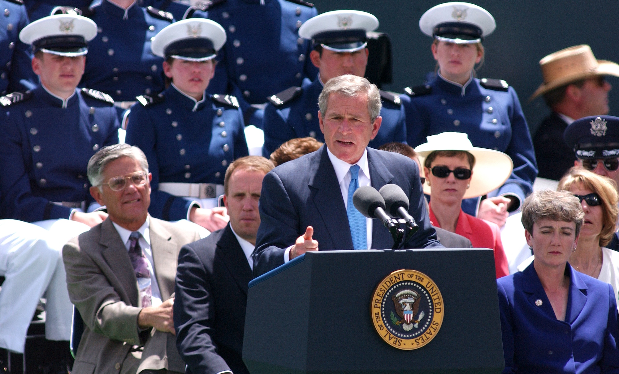 U.S. AIR FORCE ACADEMY, Colo. -- President Bush speaks to graduating cadets of the Class of 2004 and about 26,000 attendees June 2 during graduation here.  (U.S. Air Force photo by Charley Starr)