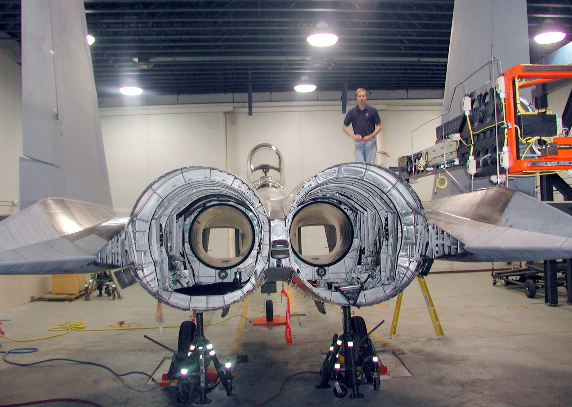 ROBINS AIR FORCE BASE, Ga. -- The new multiaxis X-ray detects aging aircraft problems like foreign object damage, corrosion and internal moisture on an F-15 Eagle at Warner Robins Air Logistics Center here.  The system is projected to save the Air Force time and money, increase worker safety and reduce environmental hazards.  (Courtesy photo)