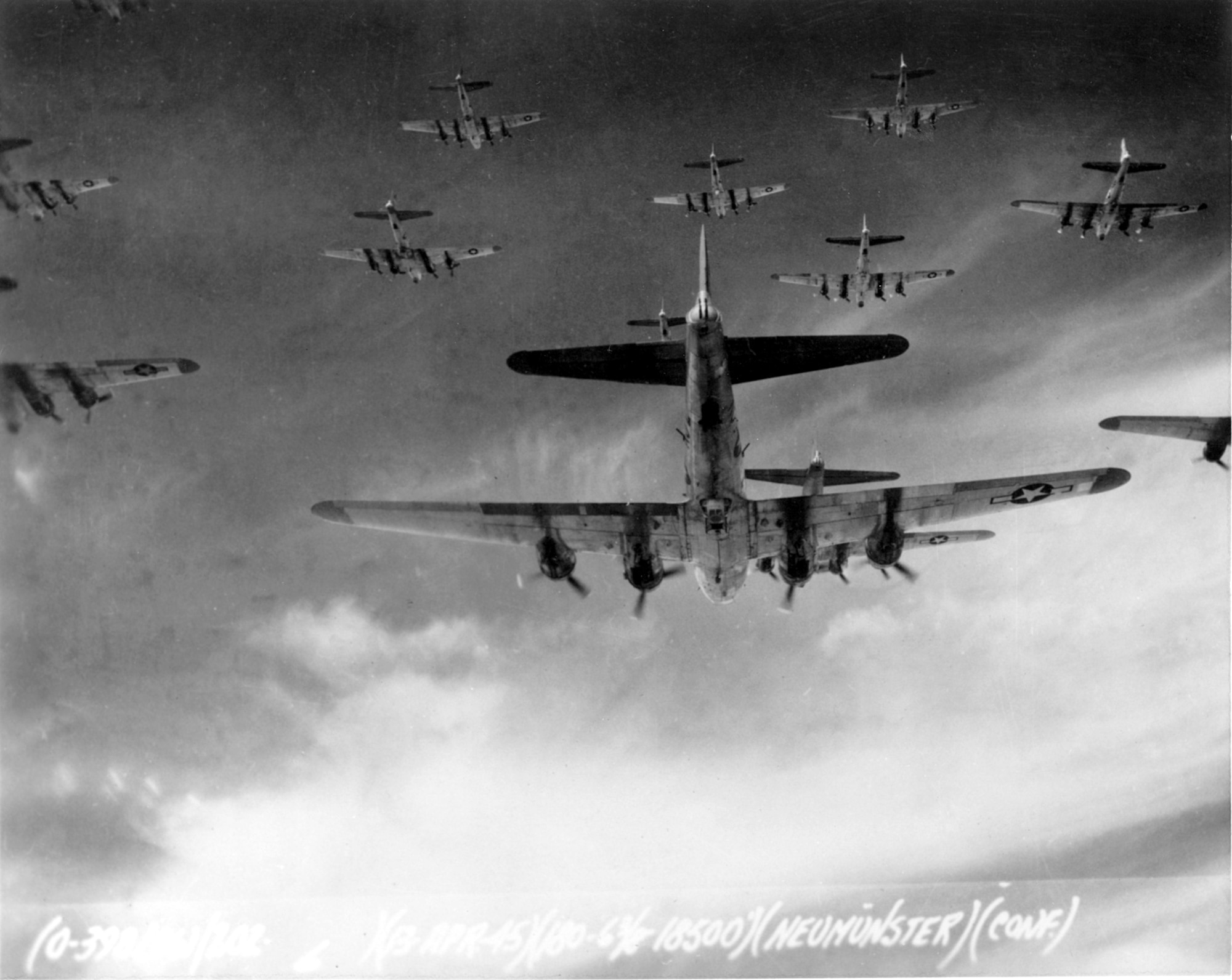 OVER GERMANY -- B-17 Flying Fortresses from the 398th Bombardment Group fly a bombing run to Neumunster, Germany, on April 13, 1945.  On May 8, Germany surrendered, and Victory in Europe Day was declared.  (Courtesy photo)