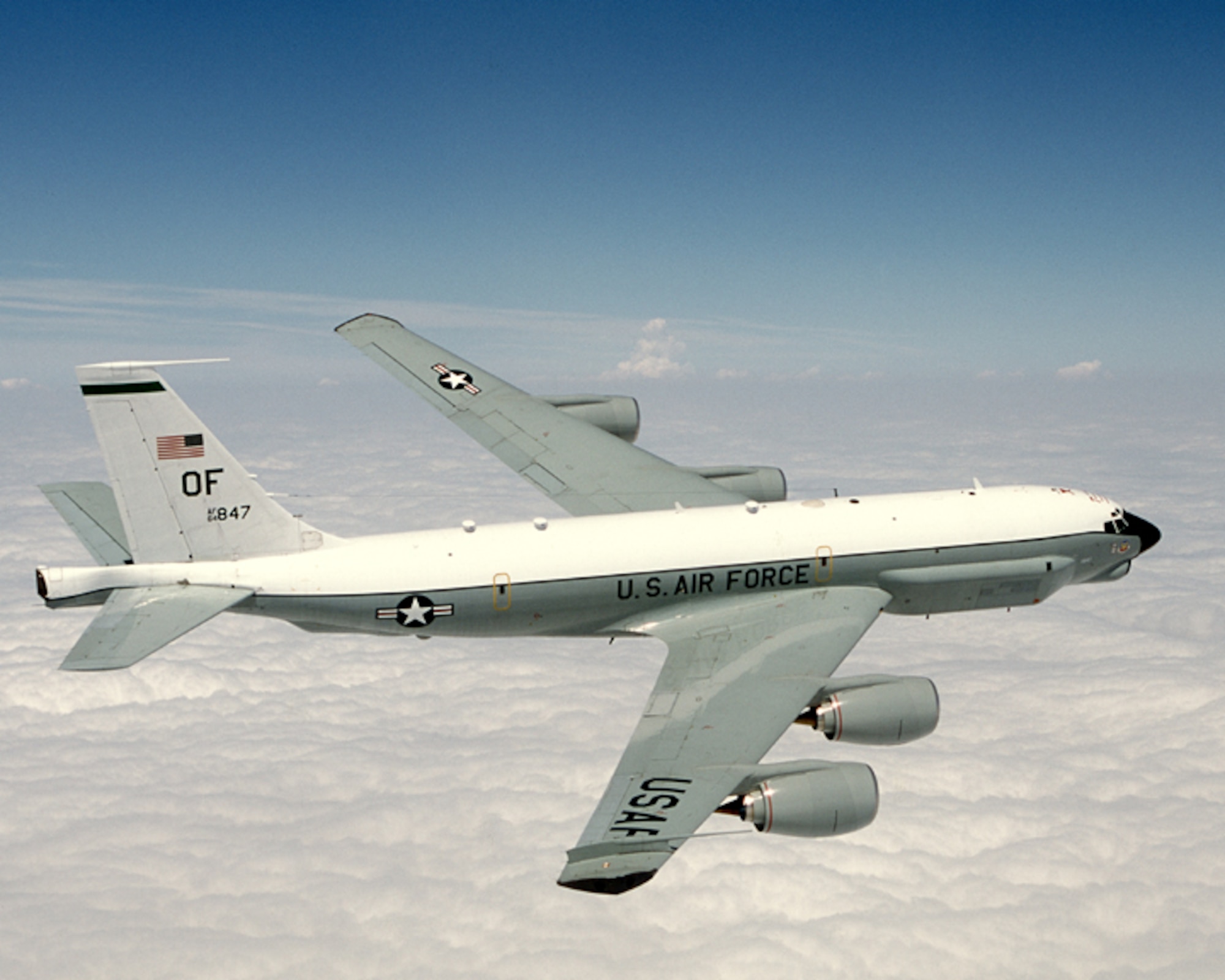 OVER GREENVILLE, Texas -- An RC-135U Combat Sent aircraft flies a training mission from Offutt Air Force Base, Neb. There are only two Combat Sent aircraft in the Air Force inventory and both are assigned to the 55th Wing at Offutt AFB.