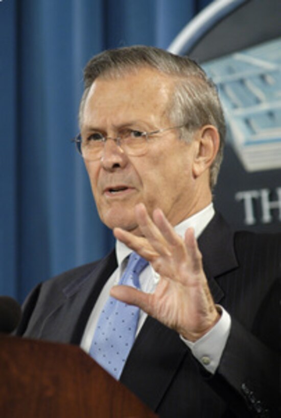 Secretary of Defense Donald H. Rumsfeld talks about the upcoming turn over of governing authority in Iraq during a Pentagon press briefing on June 17, 2004. Rumsfeld pointed out that while mistakes were sure to be made by the new government all Iraqis could take pride in the fact they truly have a stake in their country's future. 
