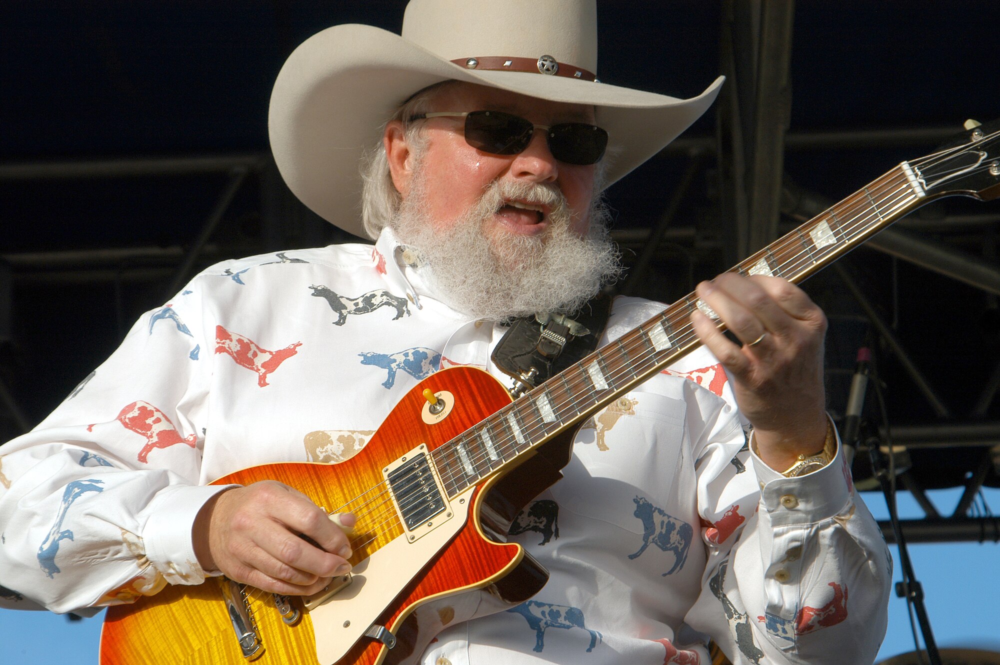 DYESS AIR FORCE BASE, Texas -- Country music artist Charlie Daniels performs "Legend of Wooley Swamp" for about 5,000 people here June 20.  Mr. Daniels performed the free concert as part of the "Spirit of America Tour," sponsored by a nonprofit organization that brings volunteer, headline entertainers to U.S. domestic military bases.  (U.S. Air Force photo by Airman 1st Class Kiley Olds)