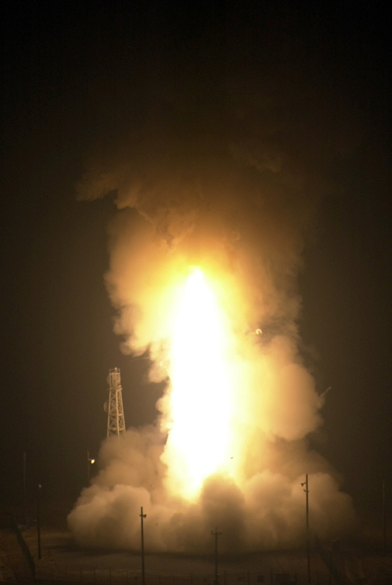 VANDENBERG AIR FORCE BASE, Calif. (AFPN) -- An unarmed Minuteman III intercontinental ballistic missile launched from here at 1:32 a.m. PDT on June 23.  The missile's unarmed re-entry vehicle traveled nearly 4,200 miles in about 30 minutes, hitting a predetermined target at the Kwajalein Missile Range in the western chain of the Marshall Islands.  (U.S. Air Force photo by Stephen Cline)