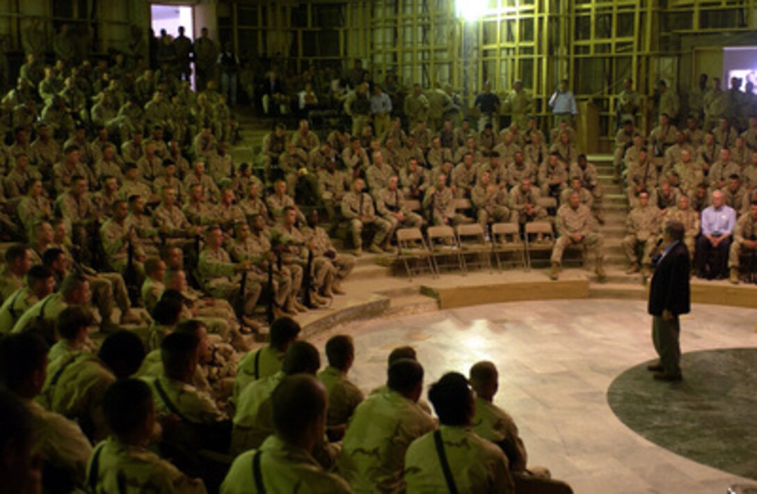Deputy Secretary of Defense Paul Wolfowitz speaks to the Marines of the 1st Marine Expeditionary Force, expressing his gratitude for their accomplishments in the city of Fallujah, Iraq, on June 18, 2004. Wolfowitz is in Iraq to meet with leaders of the new interim Iraqi government to discuss security-related issues. 