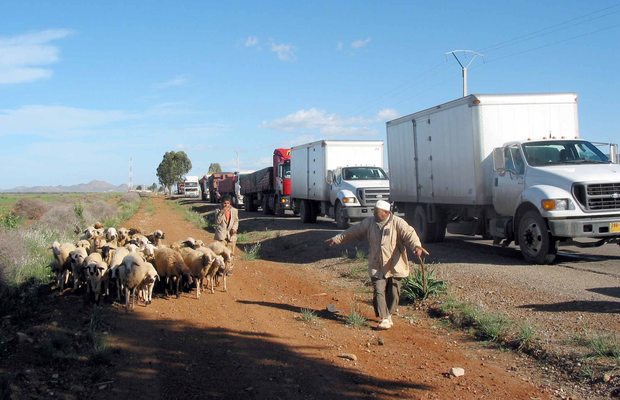 AL HOCEIMA, Morocco -- A local farmer and his son tend to their herd of goats as a convoy of trucks laden with relief supplies from the United States makes its way to the Al Hoceima Province on Feb. 28.  The supplies were brought here in an Air Force C-130 Hercules assigned to the 37th Airlift Squadron at Ramstein Air Base, Germany.  (U.S. Air Force photo by Tech. Sgt. Bob Purtiman)