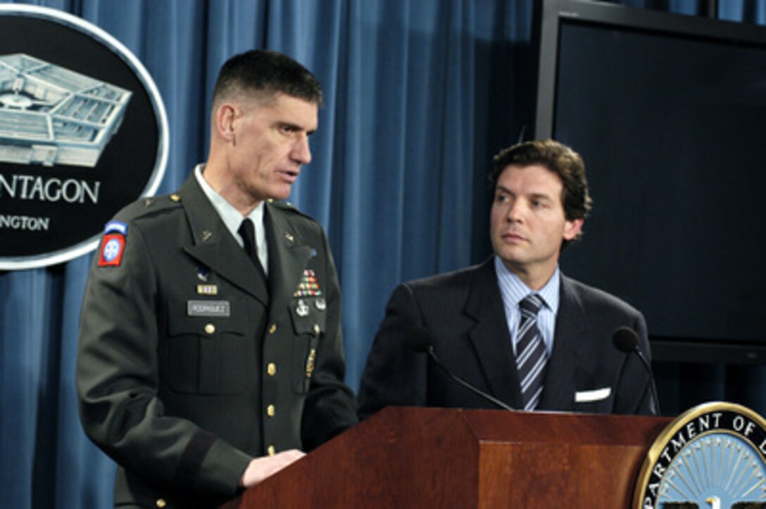 Joint Staff Deputy Director for Operations Army Brig. Gen. David Rodriguez responds to a reporter's question during a Pentagon press briefing with Principal Deputy Assistant Secretary of Defense for Public Affairs Lawrence Di Rita on March 4, 2004. Rodriguez and Di Rita updated reporters on events in Operation Iraqi Freedom and the global war on terrorism. 