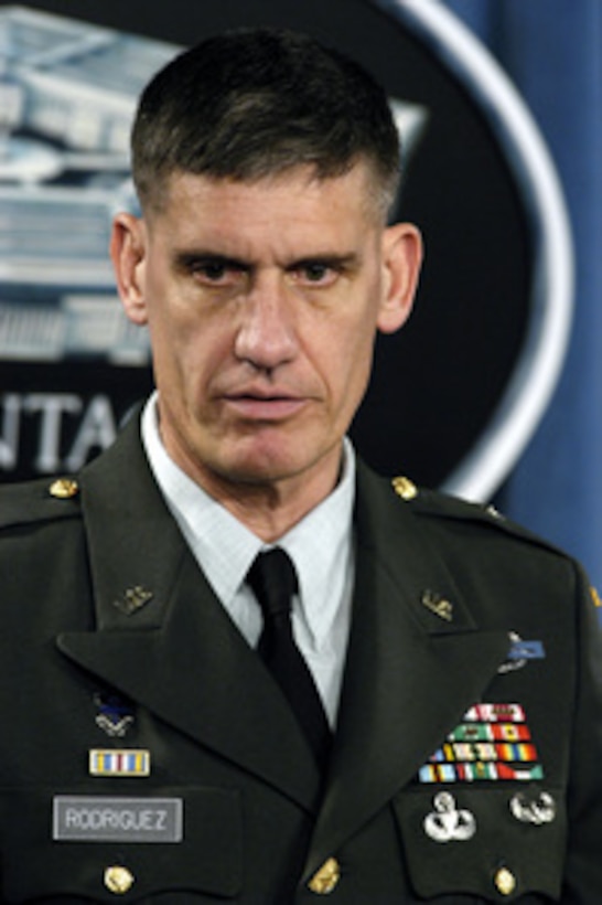 Joint Staff Deputy Director for Operations Army Brig. Gen. David Rodriguez responds to a reporter's question during a Pentagon press briefing on March 4, 2004. Rodriguez and Principal Deputy Assistant Secretary of Defense for Public Affairs Lawrence Di Rita updated reporters on events in Operation Iraqi Freedom and the global war on terrorism. 