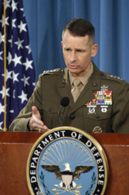 Vice Chairman of the Joint Chiefs of Staff Gen. Peter Pace, U.S. Marine Corps, updates reporters on the current deployment of U.S. troops to Haiti at a Pentagon press briefing on March 9, 2004. 