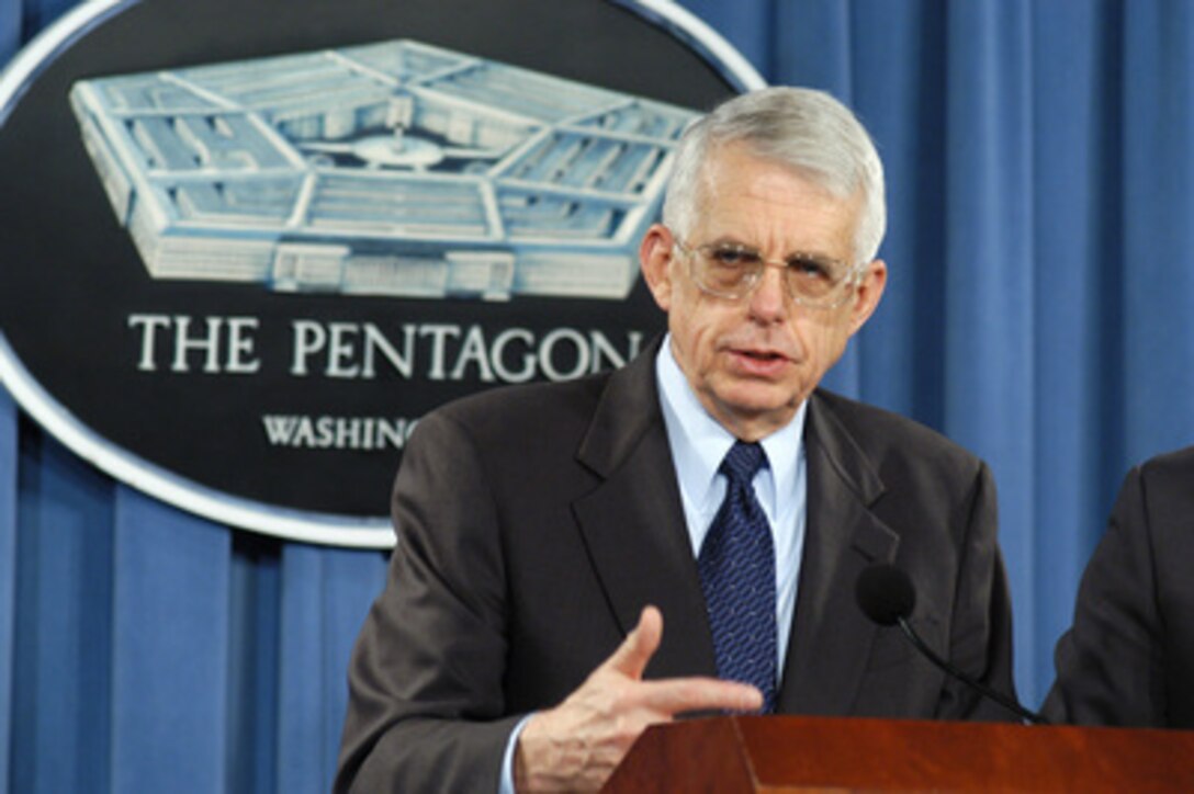 Director of the Iraq Program Management Office David Nash briefs reporters in the Pentagon on March 10, 2004, about some of the contracts that have been awarded for reconstruction projects in Iraq. Incentives to hire Iraqi citizens for much of this work have been written into the contracts. In this way the U.S. can provide the dual benefits of infrastructure enhancement as well as jobs to the fledgling democracy. 