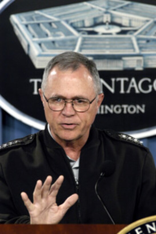 Commander, U.S. Southern Command Army Gen. James T. Hill gives an operational update on Haiti at a Pentagon briefing on Mar. 10, 2004. Hill briefed the reporters on the deployment of the multinational interim force of U.S., Canadian, Chilean and French troops to expedite the security and stability of the country. 