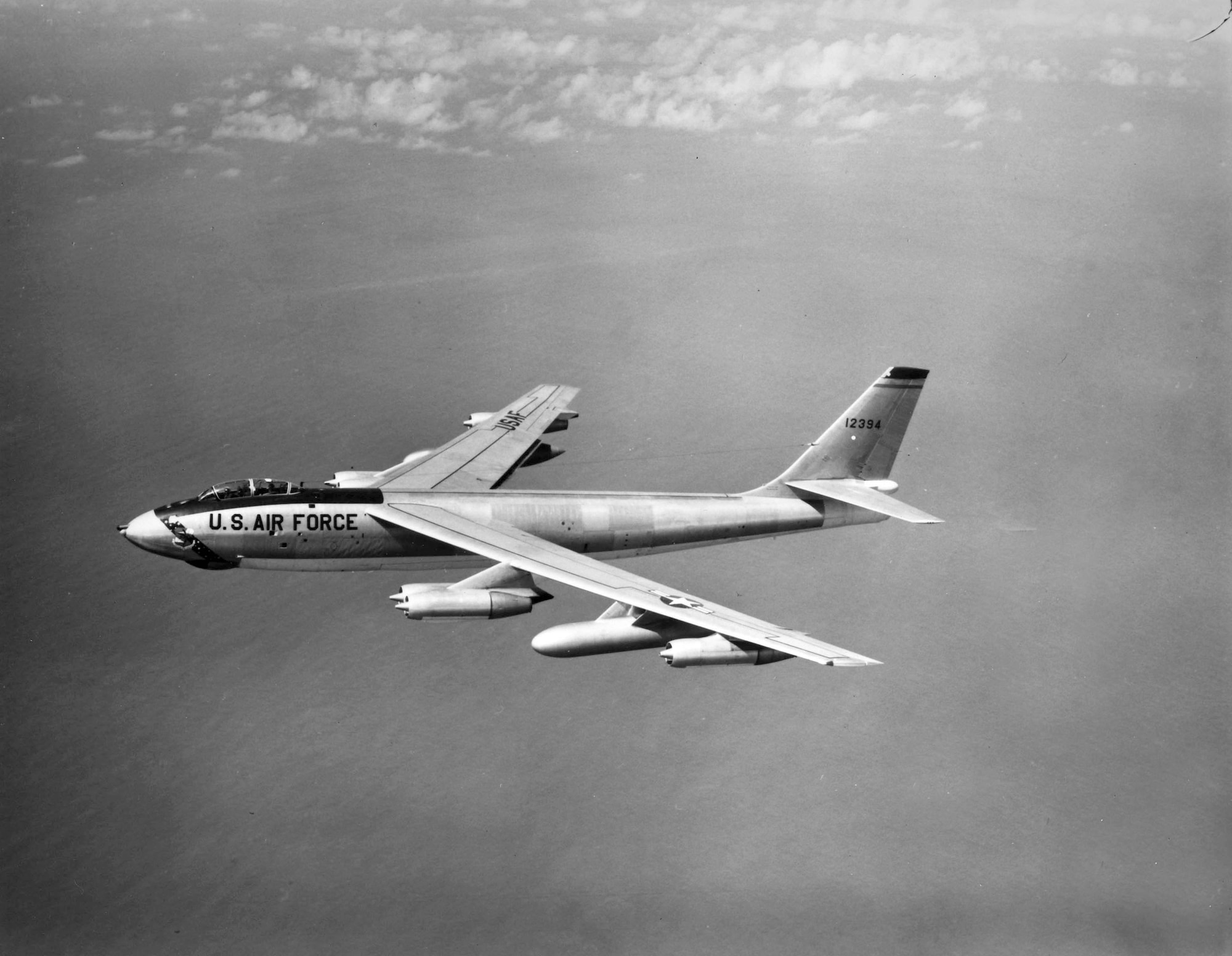 1950's -- An overall view of a Boeing B-47 Stratojet aircraft in flight. The world's first swept-wing bomber.  7 April 1956 (U.S. Air Force photo)