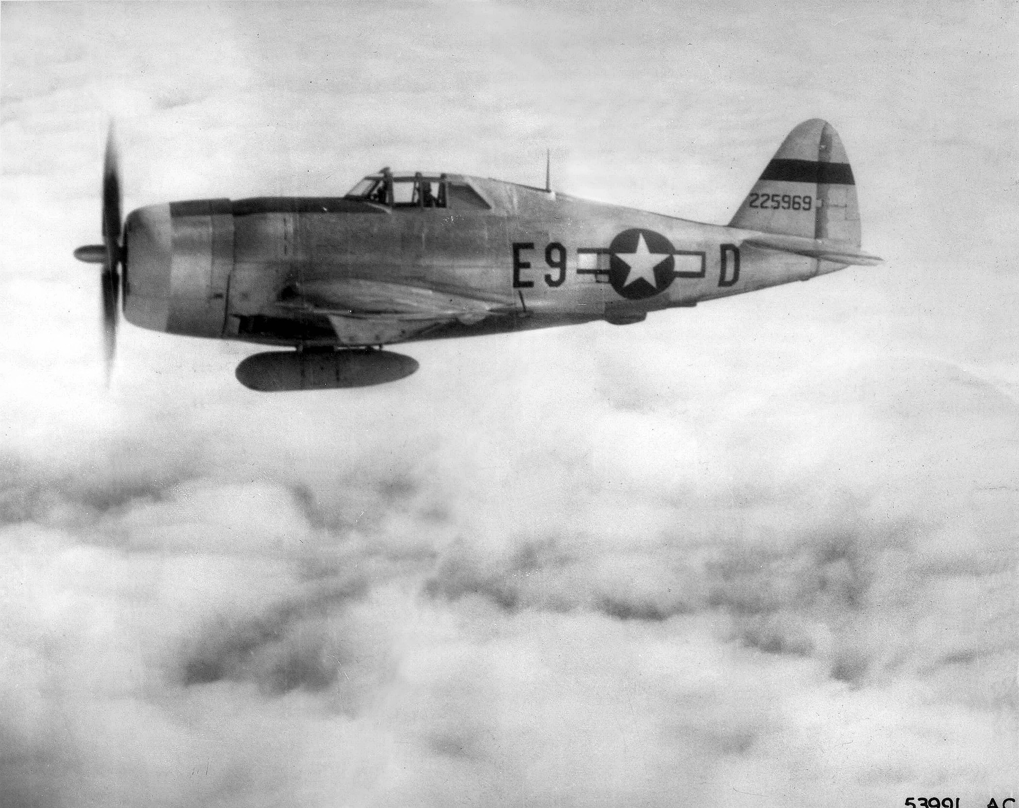 1940's -- P-47 Thunderbolt flies its first combat  mission--a sweep over Western Europe. Used as both a high-altitude escort fighter and a low-level fighter-bomber, the P-47 quickly gained a reputation for ruggedness. (U.S. Air Force photo)