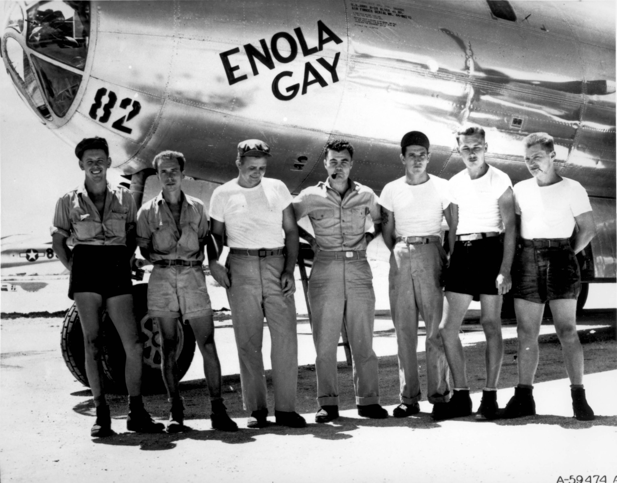 1940's -- The ground crew of the B-29 "Enola Gay" which atom-bombed Hiroshima, Japan.  Col. Paul W. Tibbets, the pilot is the center.  Marianas Islands. (U.S. Air Force photo)
