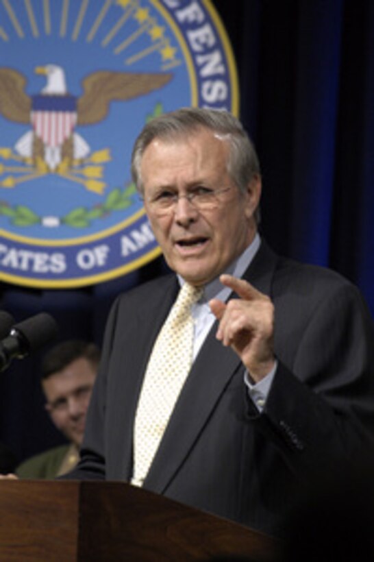 Secretary of Defense Donald H. Rumsfeld responds to a question during a Pentagon Town Hall Meeting on March 12, 2004. 