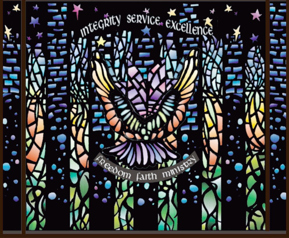 U.S. AIR FORCE ACADEMY, Colo. -- Air Force chaplains dedicated the community center chapel's new stained-glass window here March 8.  The "Great Spirit Window" is 16 feet by 22 feet and shows a large "great spirit" bird and a smaller fledgling bird within.  It represents the academy's role of developing many of the nation's best and brightest young people into Air Force leaders, said officials.  (Courtesy photo)