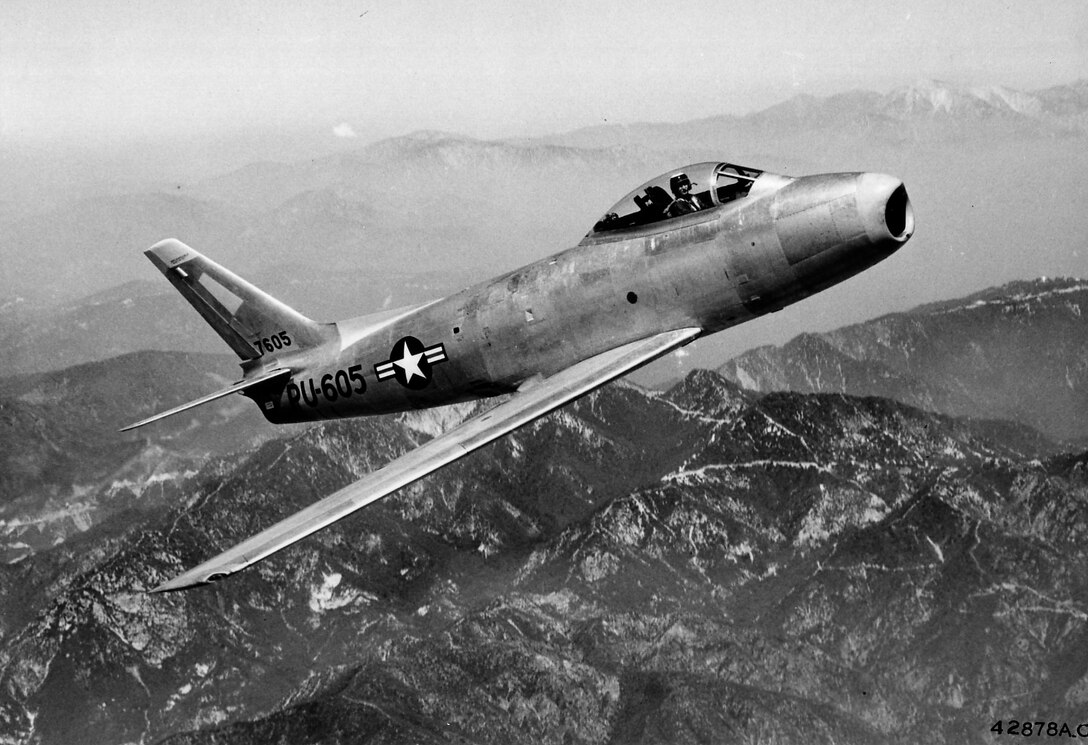 1950's -- North American F-86A in flight, 1951. It was shipped to Japan in December 1950 with the 4th Fighter Interceptor Wing, one of the first of the Air Force's Sabre units , and flown in Korea. Most of its combat missions against Mig-15s were flown from Kimpo Air Base near Seoul. (U.S. Air Force photo)