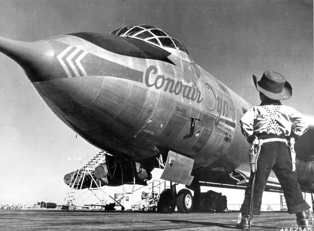 1950's -- A young "cowboy", the son of a member of the Air Force Flight Test Center, Edwards Air Force Base, California, looks over the Convair built YB-60 during its visit at Edwards from the Fort Worth, Texas, plant. 1953 (U.S. Air Force photo)