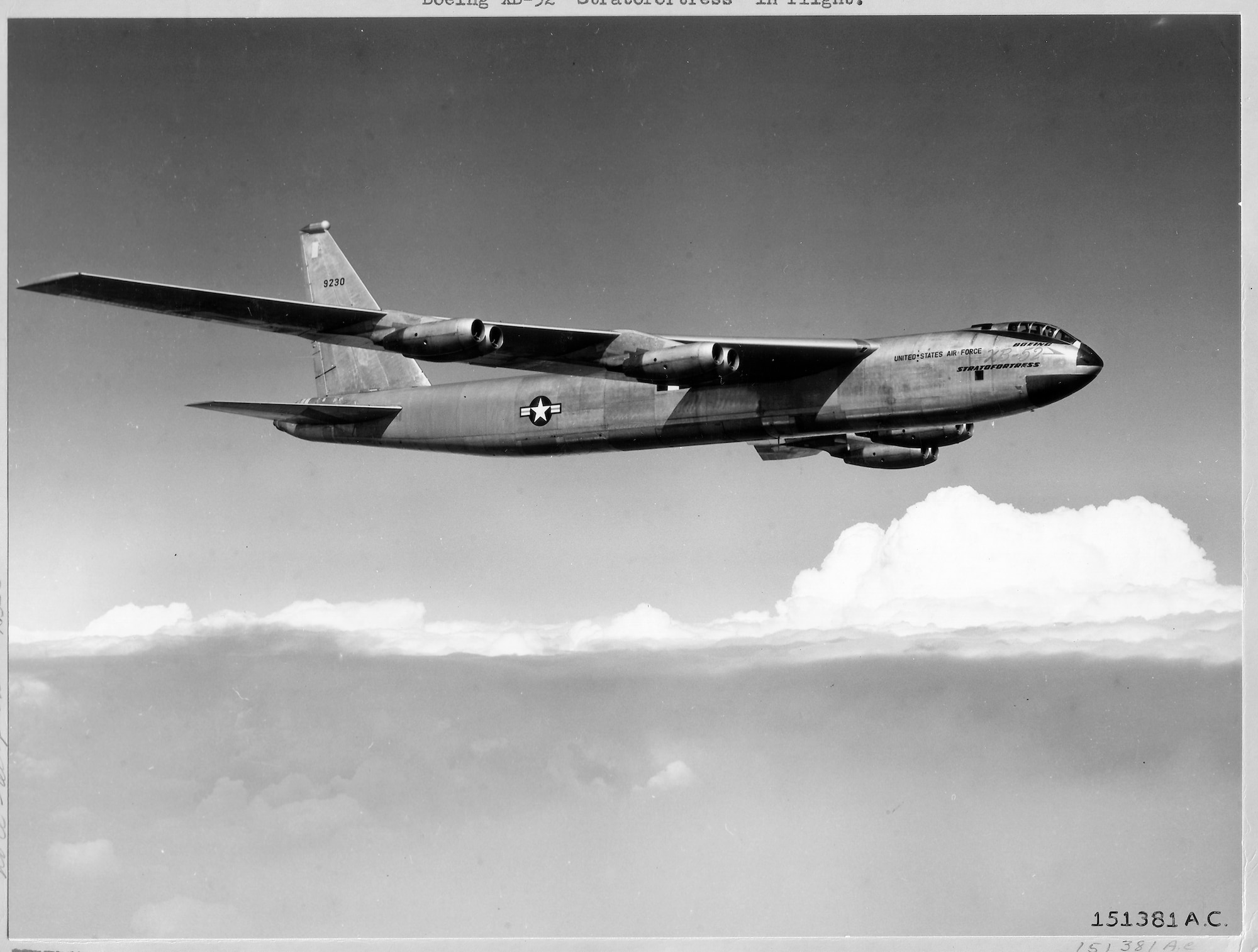1950's -- Boeing XB-52 "Stratofortress" 1953 in flight. The prototype Stratofortress had a crew of five with the pilot and copilot seated in tandem under a B-47 style canopy. This canopy was only used on the two prototype aircraft (XB-52 & YB-52), all production aircraft had the familiar side-by-side cockpit. With eight jet engines mounted in pairs on a wing with a 35° sweep, the XB-52 had a maximum speed greater than 600 mph. The aircraft was used as a test aircraft for its entire service life, primarily at Wright-Patterson AFB once the initial flight tests were completed. (U.S. Air Force photo)