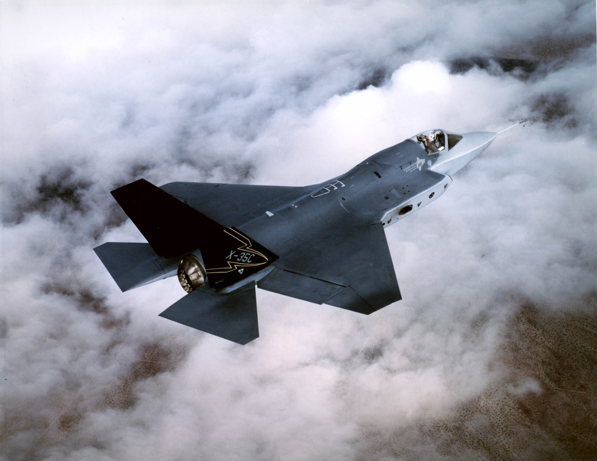 The X-35, Joint Strike Fighter from Lockheed Martin nears completion of flight testing at Edwards Air Force Base, Calif., in 2001. The JSF is being built in three variants: a conventional take-off and landing aircraft (CTOL) for the US Air Force; a carrier based variant (CV) for the US Navy; and a short take-off and vertical landing (STOVL) aircraft for the US Marine Corps and the Royal Navy. (U.S. Air Force photo)