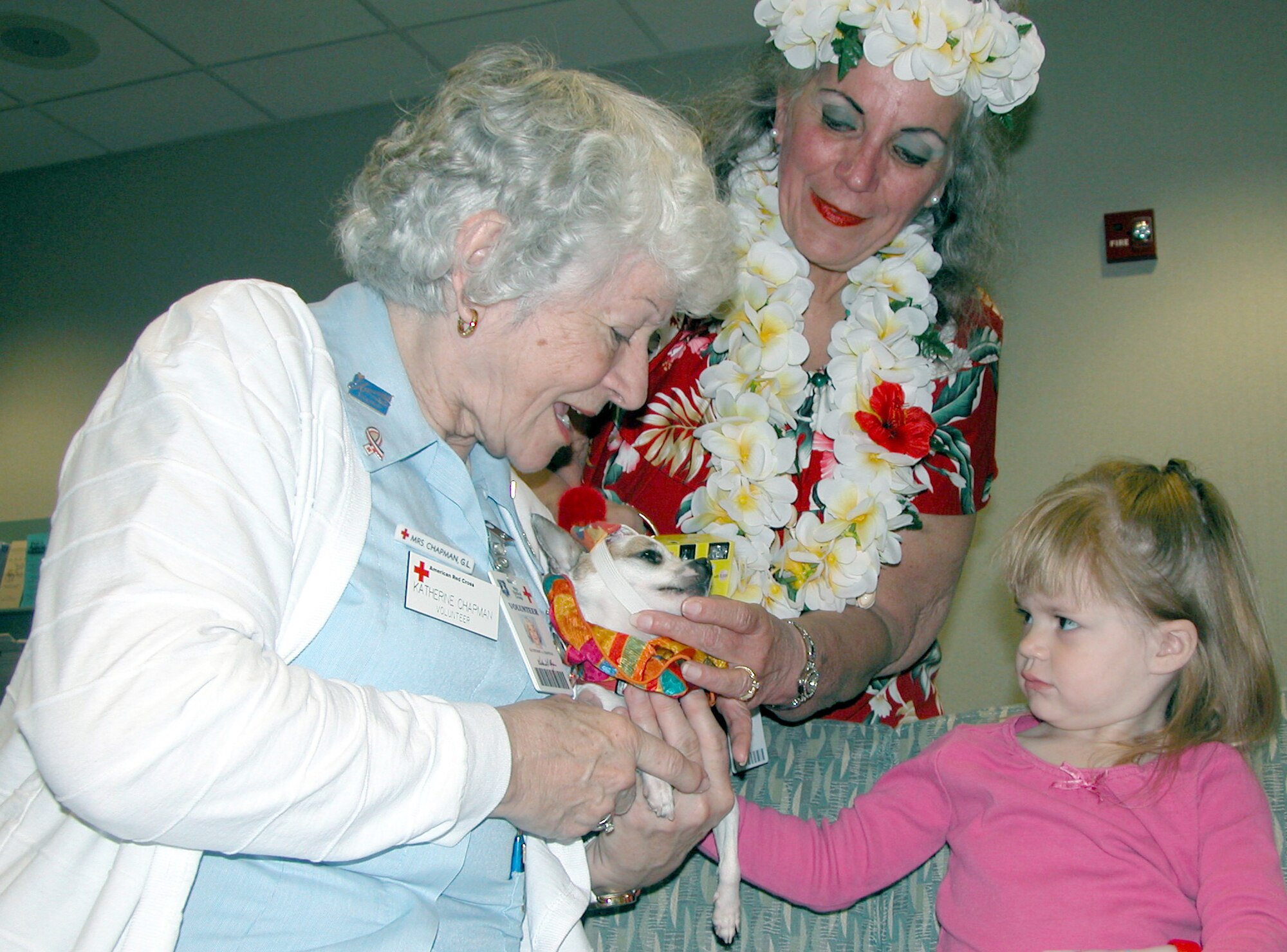 EGLIN AIR FORCE BASE, Fla. -- Katherine Chapman (left) and Renee Gault and her 4-year-old Chihuahua, Pancho, try to comfort a timid Grace Voce during a visit to the pediatric clinic here.  Mrs. Gault and Poncho are part of Eglin Hospital's pet therapy program.  (U.S. Air Force photo by Senior Airman Nicholasa Reed)