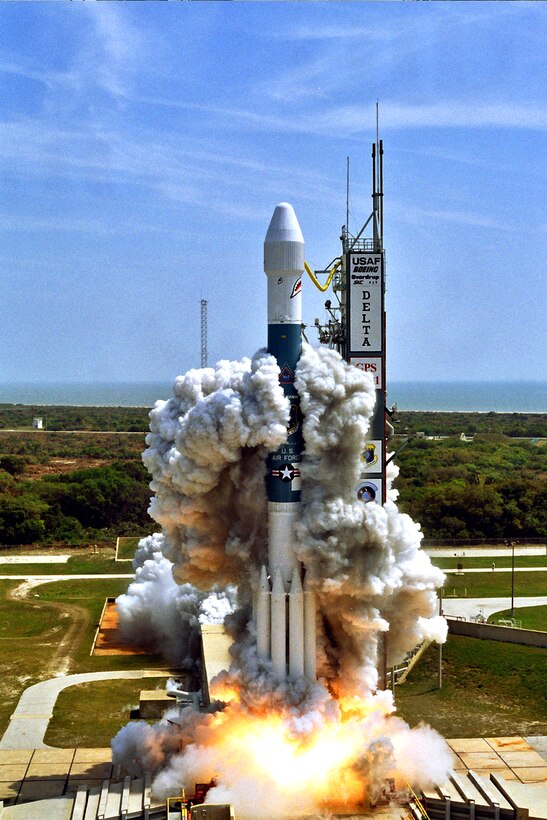 CAPE CANAVERAL AIR FORCE STATION, Fla. -- A Delta II rocket carrying a Navstar Global Positioning System satellite lifts off March 20 from here.  The rocket successfully delivered the payload into orbit where it will be used to support global operations.  (U.S. Air Force photo by Carleton Bailie)