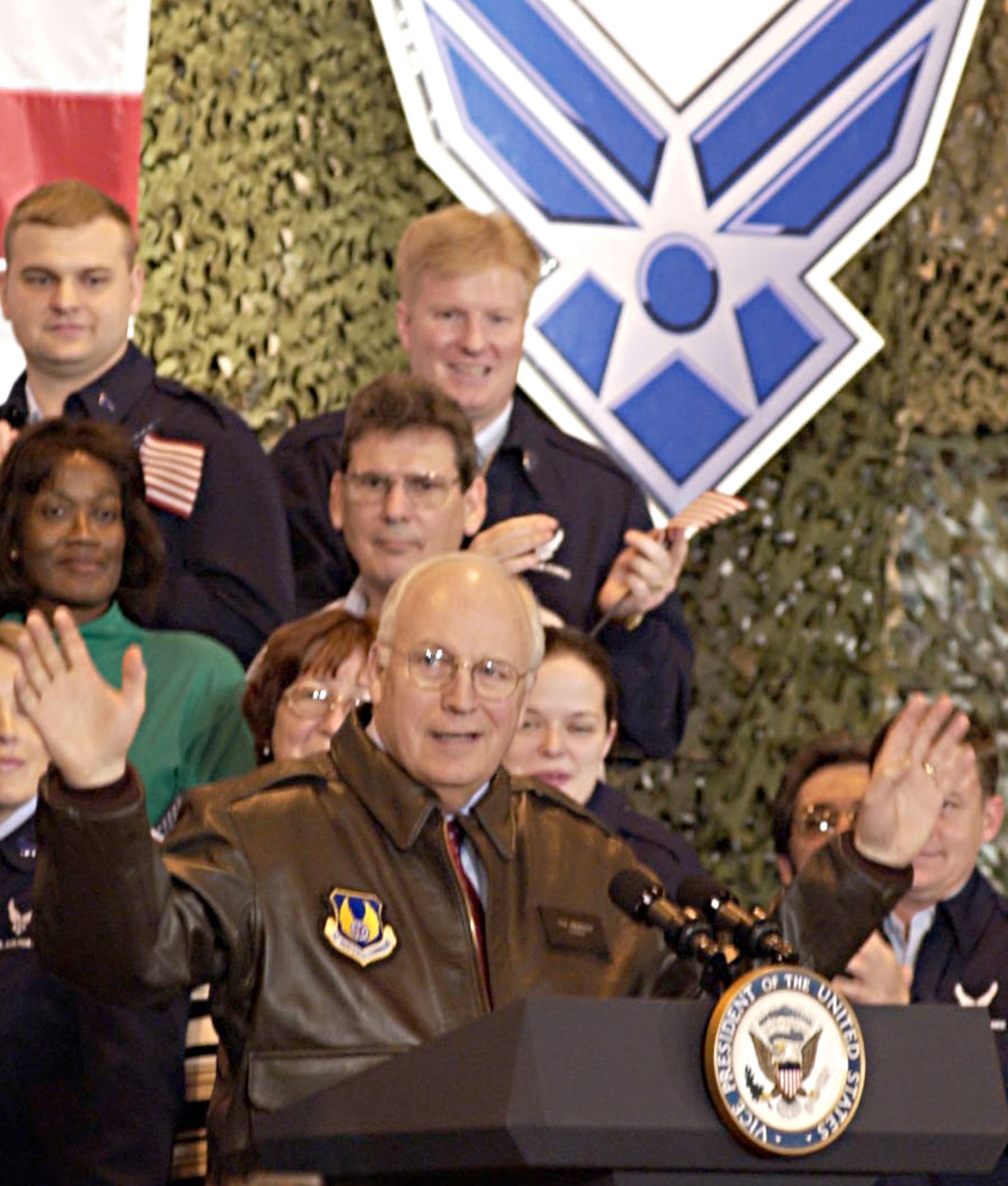 WRIGHT-PATTERSON AIR FORCE BASE, Ohio -- Vice President Dick Cheney gestures March 26 during a speech to servicemembers and Air Force civilians here.  The vice president expressed his and the president's appreciation for Air Force people during his brief stop here.  (U.S. Air Force photo by Spencer P. Lane)
