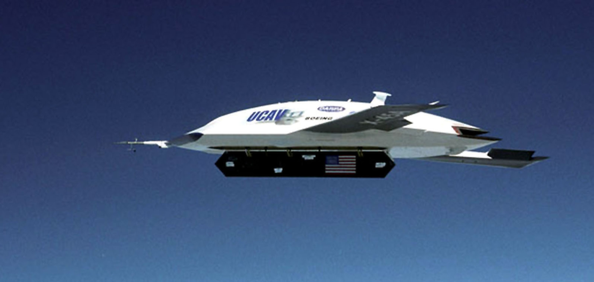 EDWARDS AIR FORCE BASE, Calif. -- The Joint-Unmanned Combat Air System X-45A successfully completed its first weapons release from the unmanned aircraft's internal bay here March 20.  (U.S. Air Force photo by Lori Losey)