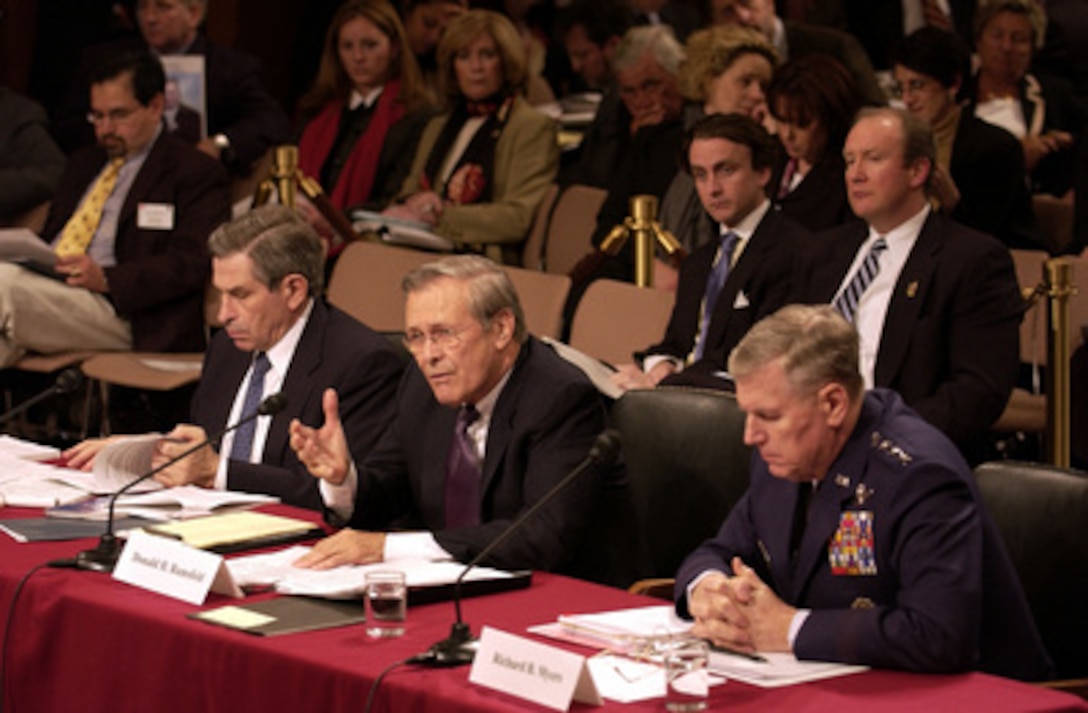 Secretary of Defense Donald H. Rumsfeld gives his opening remarks before the 9-11 Commission on March 23, 2004. Rumsfeld testified before the National Commission on Terrorists Attacks that is investigating the formulation of U.S. counterterrorism policy with particular emphasis on the period from the August 1998 embassy bombings in Africa to the September 11, 2001, attacks on America. 