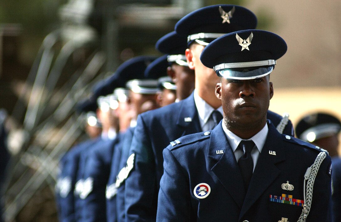 PETERSON AIR FORCE BASE, Colo. -- The Patrick Air Force Base Honor Guard waits for the open ranks inspection portion of the 2004 Air Force Space Command honor guard competition here March 23.  (U.S. Air Force photo by Tech. Sgt. Ken Bergmann)