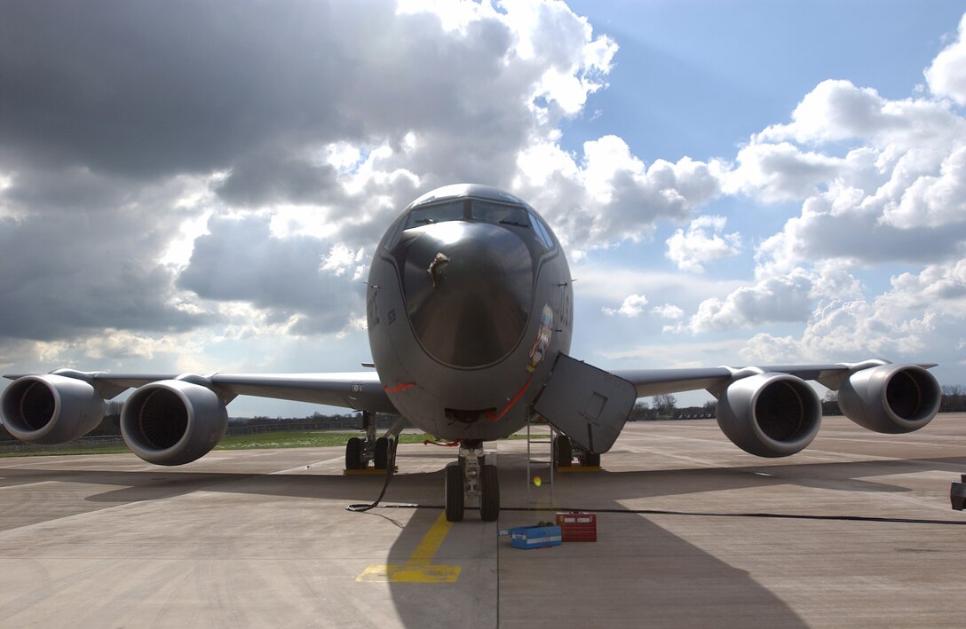 ROYAL AIR FORCE FAIRFORD, England -- KC-135 Stratotanker sits on a parking spot awaiting inspection and maintaince here March 24. The seven-inch hole in the nose radome of the aircraft occurred while the plane was landing and was struck by lighting. The pilots lost all weather radar capability. (U.S. Air Force photo by Senior Airman Meghan Geis)
