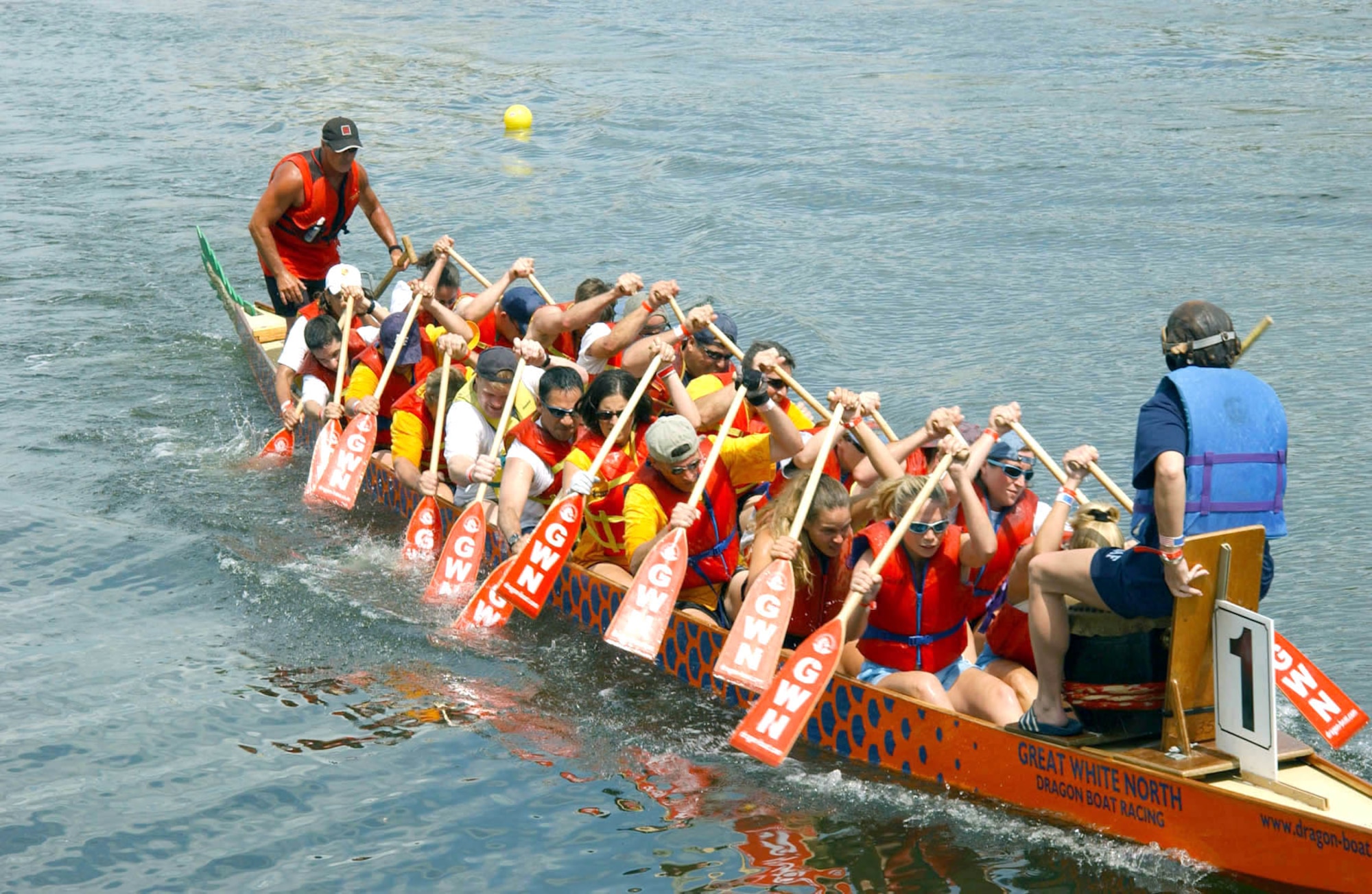 TAMPA, Fla. -- The dragon boat race team from nearby MacDill Air Force Base races toward the finish line May 1.  The team came in second place with a time of 2 minutes, 4.21 seconds.  The race was held as part of the city's Asia Fest.  (U.S. Air Force photo by 2nd Lt. Erin Dorrance)