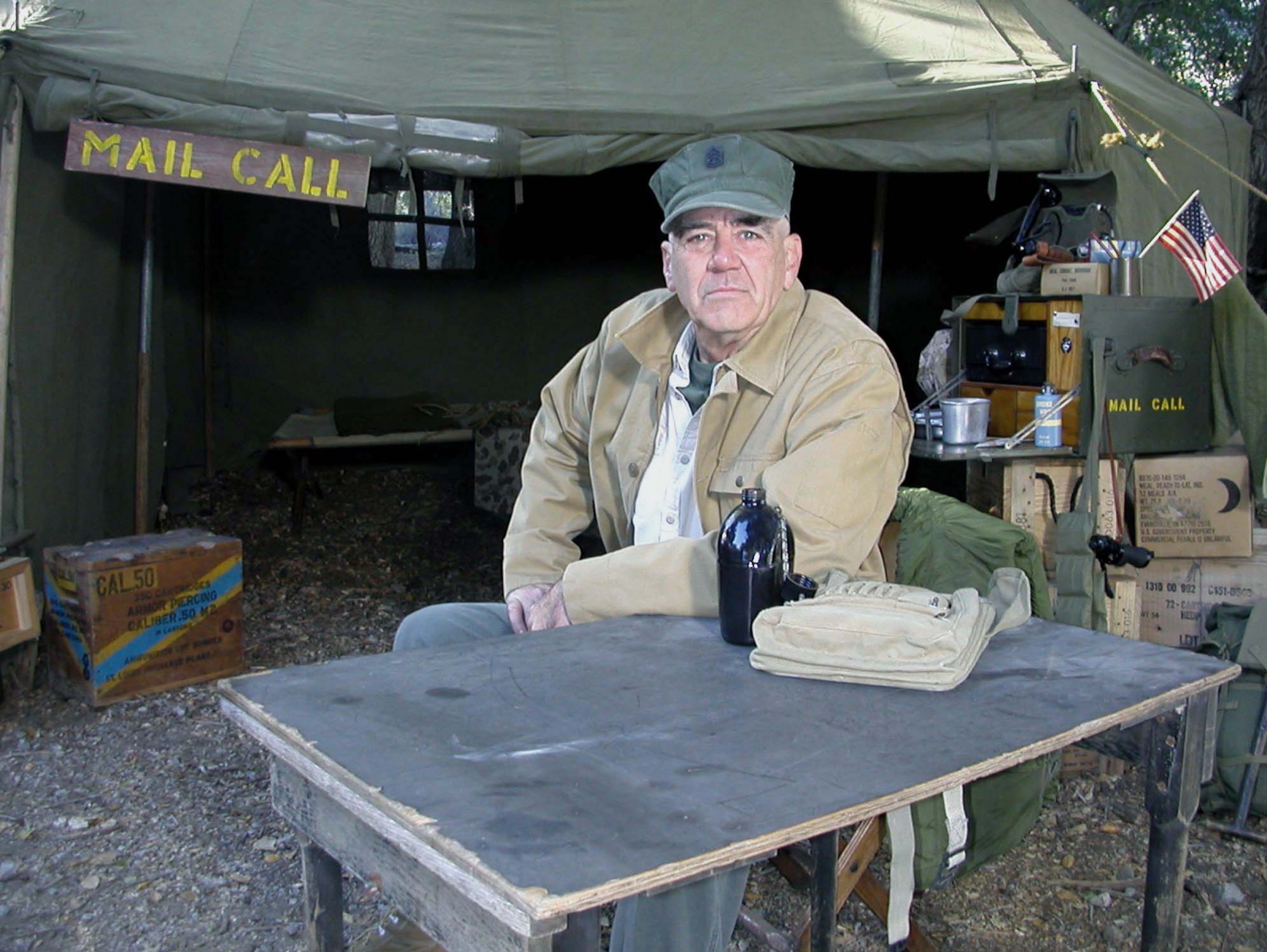 SANTA CLARITA, Calif. -- Retired Honorary Gunnery Sgt. R. Lee Ermey, "Mail Call's" host, sits on the show's set.  "Mail Call" will air a segment on the MQ-1 Predator Unmanned Aerial Vehicle featuring members of the 11th Reconnaissance Squadron on the History Channel on May 9.  (Photo courtesy of History Channel) 