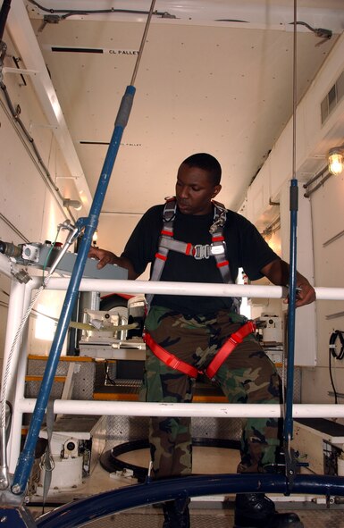 VANDENBERG AIR FORCE BASE, Calif. -- Staff Sgt. Rhaspede Logan controls a hoist above a silo during the missile maintenance team exercise portion of Guardian Challenge here May 4.  He is assigned to the 91st Space Wing at Minot Air Force Base, N.D.  Guardian Challenge, the world's premier space and missile competition, is a four-day event held annually.  It tests the wartime readiness of Air Force Space Command's Airmen in spacelift, ICBM operations, communications, maintenance, helicopter operations, security forces and chef food preparation.  (U.S. Air Force photo by Master Sgt. Thomas Deering)