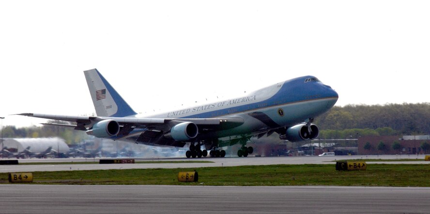 TOLEDO, Ohio -- Air Force One lands here on May 4. The mission of the VC-25 aircraft -- Air Force One -- is to provide air transport for the president of the United States. The presidential air transport fleet consists of two specially configured Boeing 747-200B's -- tail numbers 28000 and 29000 -- with the Air Force designation VC-25. When the president is aboard either aircraft, or any Air Force aircraft, the radio call sign is "Air Force One." (U.S. Air Force photo by Senior Airman Elizabeth Slater)