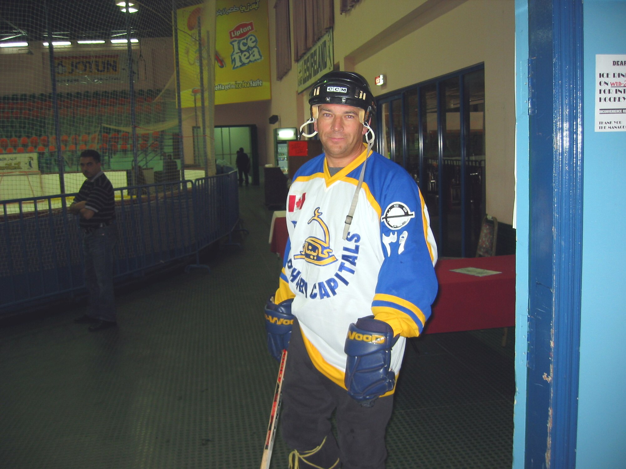 SOUTHWEST ASIA -- Senior Master Sgt. Daniel Morin prepares to take the ice during a hockey game.  He is the 380th Expeditionary Maintenance Operations Squadron's quality assurance superintendent at a forward-deployed location.  (Courtesy photo)