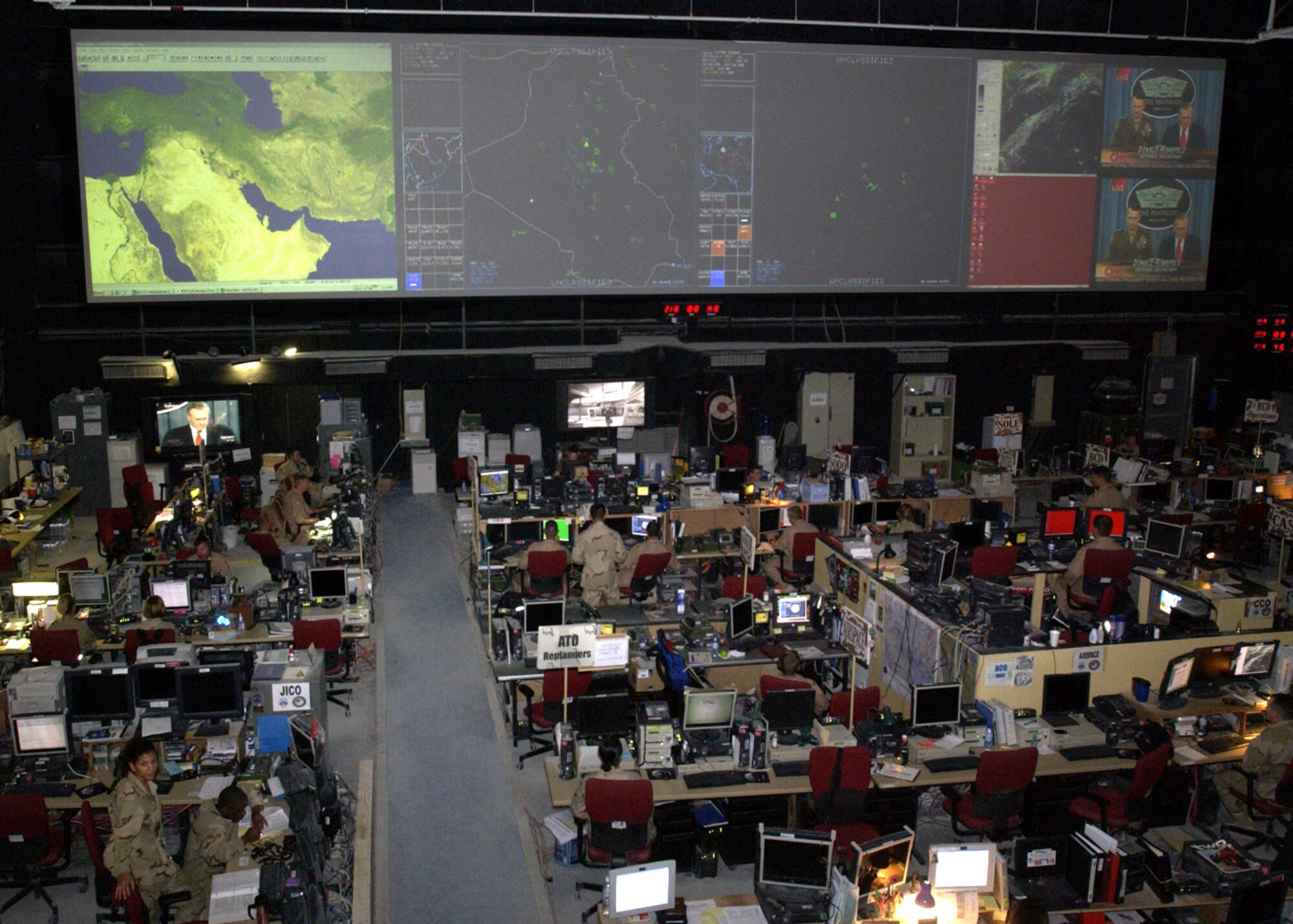 SOUTHWEST ASIA -- The Combined Air Operations Center at a forward-deployed location is the "nerve center" for aerial missions for operations Iraqi Freedom and Enduring Freedom.  CAOC officials also control humanitarian-relief missions in the Horn of Africa.  (U.S. Air Force photo by Tech. Sgt. Demetrius Lester)