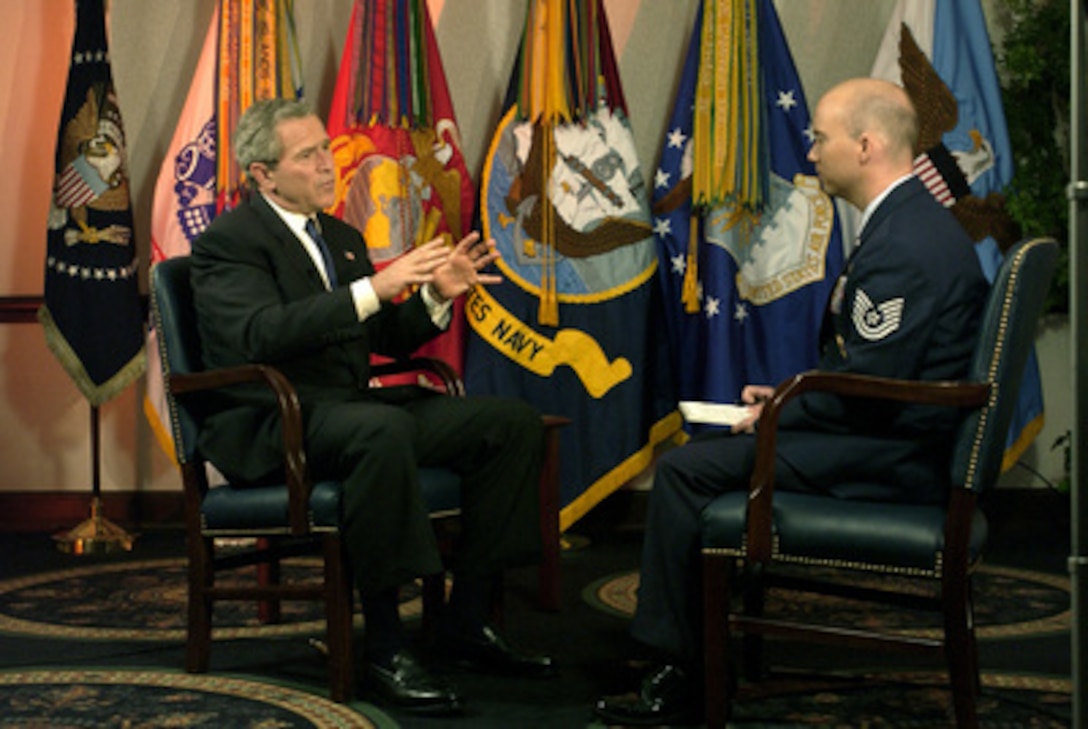 President George W. Bush answers a question during an interview with Air Force Tech. Sgt. Sean Lehman of the Armed Forces Radio and Television Service in the Pentagon on May 10, 2004. 