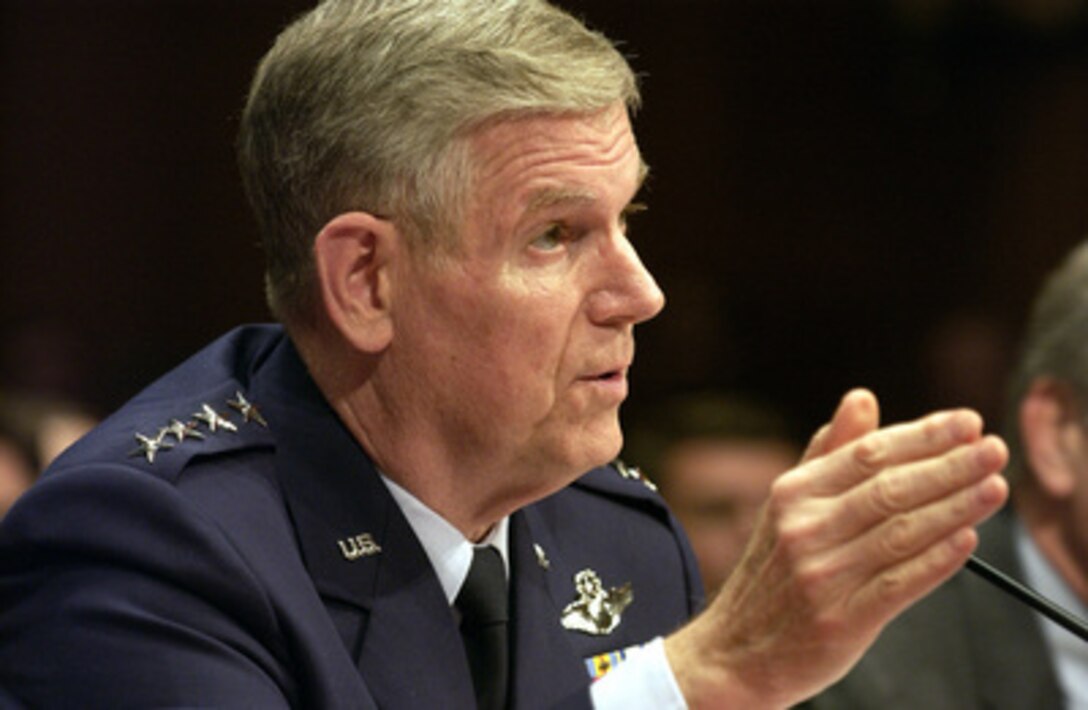 Chairman of the Joint Chiefs of Staff Gen. Richard B. Myers testifies before the Senate Armed Services Committee on May 7, 2004. Myers and other Defense Department officials are testifying on the mistreatment of detainees in Iraq. 