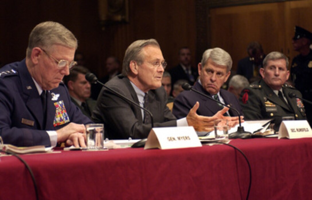 Secretary of Defense Donald H. Rumsfeld testifies before the Senate Armed Services Committee on May 7, 2004. Rumsfeld, Chairman of the Joint Chiefs of Staff Gen. Richard B. Myers, Acting Army Secretary Les Brownlee and Army Chief of Staff Gen. Pete Schoomaker are testifying on the mistreatment of detainees in Iraq. 