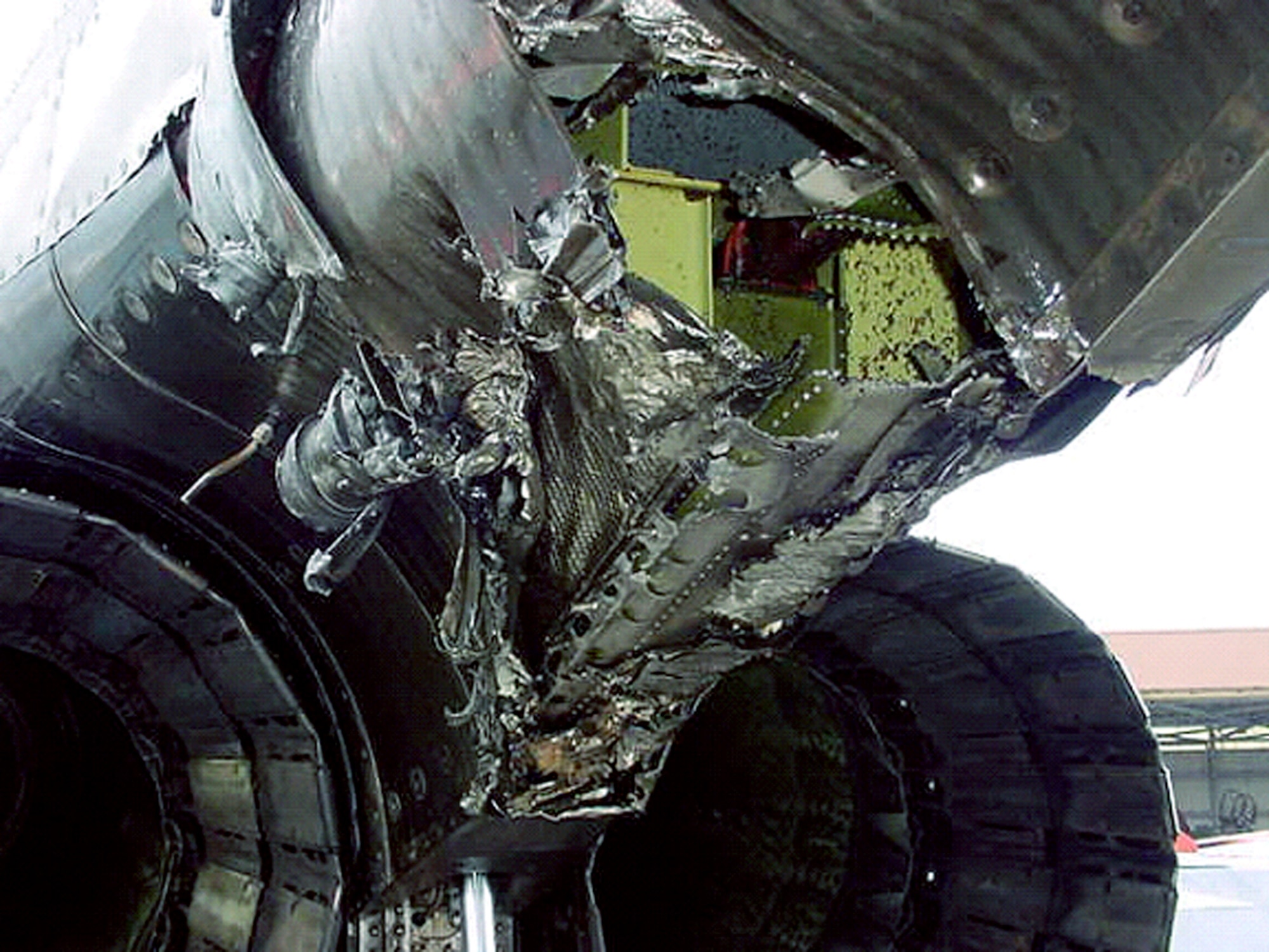 TYNDALL AIR FORCE BASE, Fla. -- The titanium blast shields on this QF-4 Phantom II were extensively damaged.  Aircraft structural engineers repaired the full-scale aerial target drone saving the military $620,000.  (Courtesy photo)