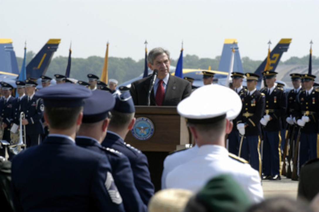 Deputy Secretary of Defense Paul Wolfowitz makes remarks at the opening ceremony of the annual Armed Forces Open House and Air Show at Andrews Air Force Base, Md., on May 14, 2004. 