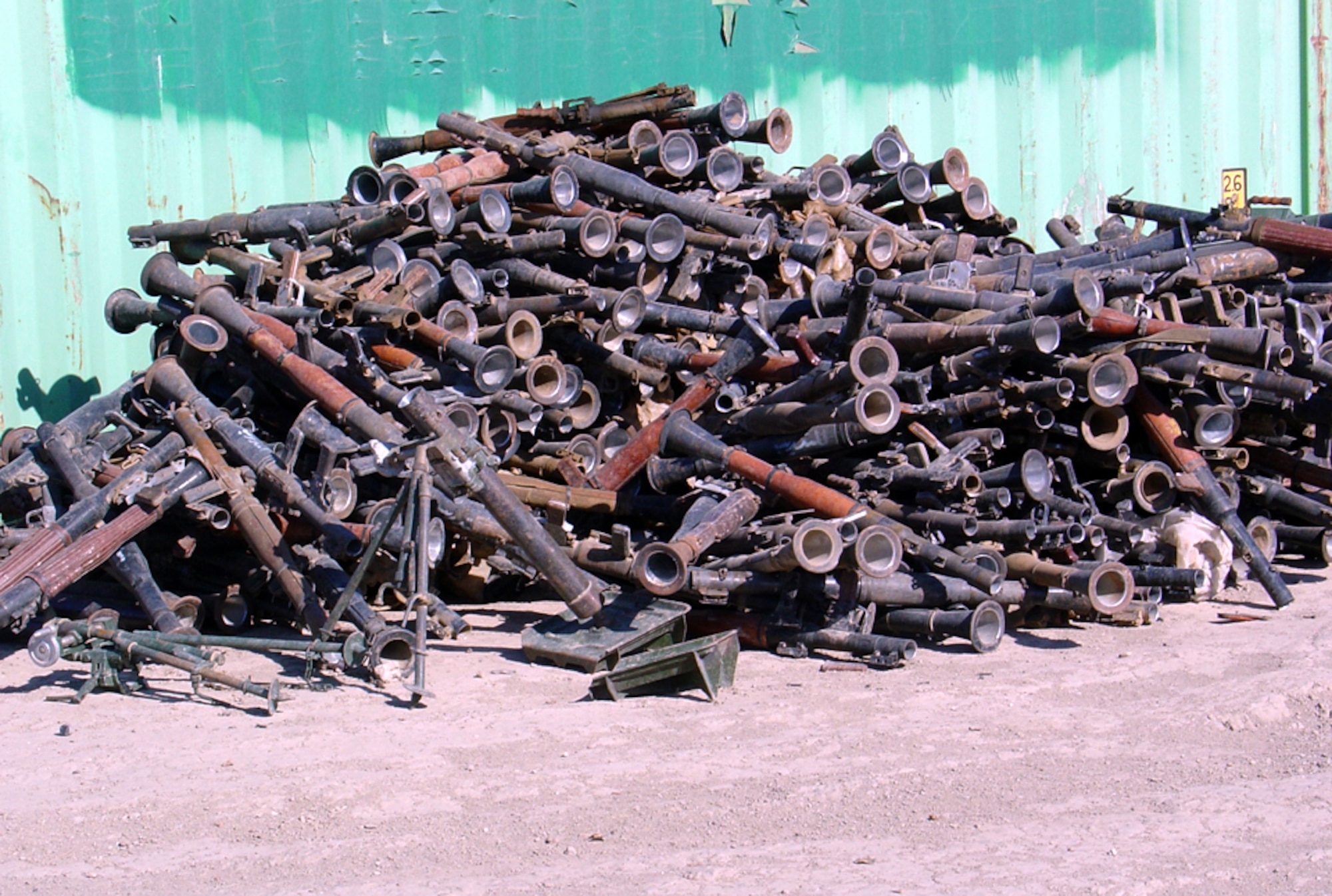 TALLIL AIR BASE, Iraq -- Airmen from the 407th Expeditionary Civil Engineer Squadron here destroyed more than 600 rocket-propelled grenade launchers collected by coalition forces throughout southern Iraq.  (U.S. Air Force photo by Senior Master Sgt. Fernando Adams)